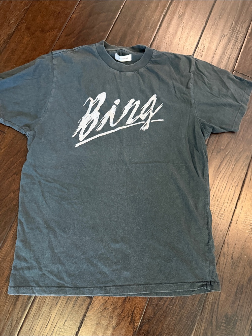 Women’s Anine Bing Short Sleeve Tee in Dark Gray with White Script; size xsmall